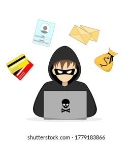 Hacker en el icono del portátil. Ilustración plana del hacker en el portátil.
