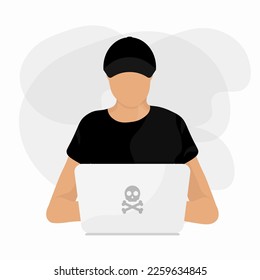 Hacker at laptop icon. Flat illustration of hacker at laptop vector icon for web design. 