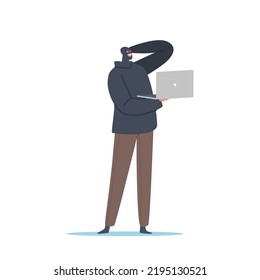 Hacker With Laptop Isolated On White Background. Anonymous Insert Stolen Password And Username Information, Cyber Criminal Steal Private Personal Data, Credentials. Cartoon People Vector Illustration