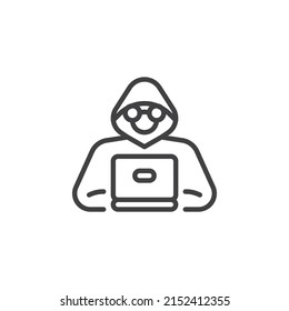 Hacker with laptop line icon. linear style sign for mobile concept and web design. Computer hacker outline vector icon. Symbol, logo illustration. Vector graphics