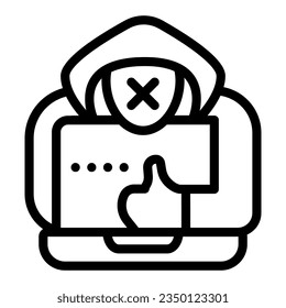 Hacker with a laptop line icon, web security concept, anonymous agent with thumb up and laptop sign on white background, hacker icon outline style. Vector graphics.