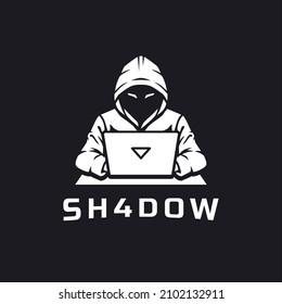 Hacker with laptop logo illustration template for label, badge, sign or advertising. Tech geek guy vector image.