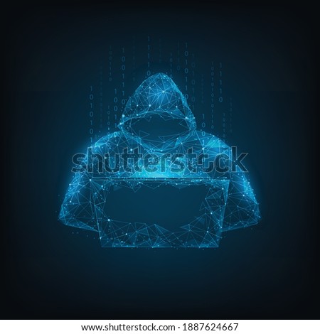 hacker at the laptop low poly wireframe. Internet security protection business concept. vector illustration point line dot geometric design. isolated on blue dark background.