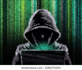 Hacker and laptop made of binary code. Ones and zeros. Vector illustration.