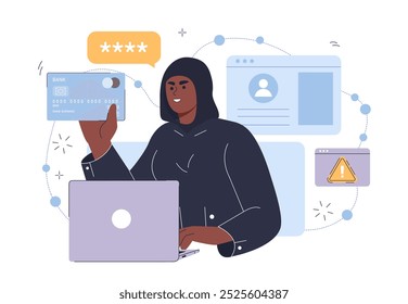 Hacker con portátil. Hombre con capucha negra con ordenador. Phishing y robo de datos. Malware y cibercrimen, ataques de hackers. Hilo en internet. Ilustración vectorial plana aislada sobre fondo blanco