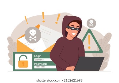 Hacker at laptop. Modern technologies and digital world. Character enters login and password, authorization and identification, danger on Internet, fraud concept. Cartoon flat vector illustration