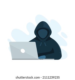 Hacker con portátil en fondo blanco, ilustración vectorial