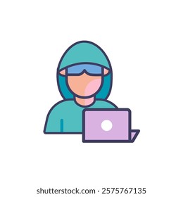 Hacker with laptop on white background.