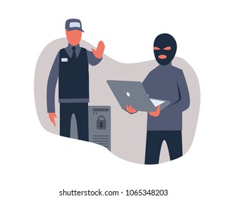 A hacker with a laptop and a police officer, concept on the topic of cybersecurity. Vector illustration, isolated on white background.