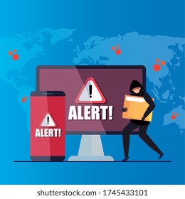 hacker with laptop and smartphone, danger warning sign during covid 19 pandemic vector illustration design