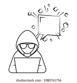 hacker with laptop and speech bubble character