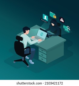 Hacker with laptop stealing personal data from people, cyber attack, data security concept, vector illustration