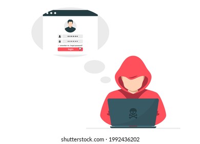 Hacker mit Laptop-Stehlen Benutzer-Login. Hacker sitzt auf dem Desktop und hackt persönliche Daten von Benutzern. Hacker-Angriff und Web-Sicherheit