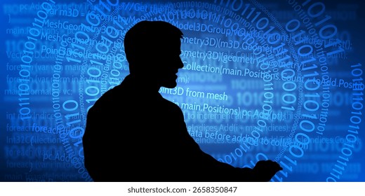 A hacker launches a cyberattack from a virtual interface with binary code and lines of code