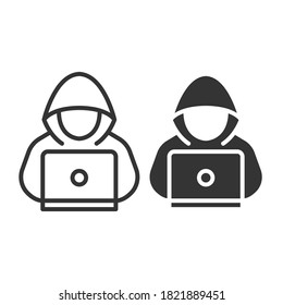 Hacker Line And Glyph Icon, Line Style And Solid Style. Cybercrime, Or Computer-oriented Crime, Is A Crime That Involves A Computer And A Network. Vector Illustration. EPS 10 