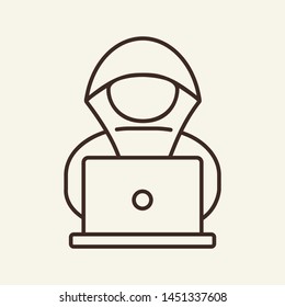Hacker line icon. Cyber thief, burglar, criminal waring hood using laptop. Data security concept. Vector illustration can be used for topics like hacker attack, fraud, ransomware