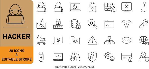 Hacker line icons set featuring 28 editable stroke vector symbols. Includes cybersecurity, ethical hacking, malware, phishing, ransomware, network security, encryption, firewall, and data protection outline icons isolated on a white background for web, mobile, UI, and technology design.
