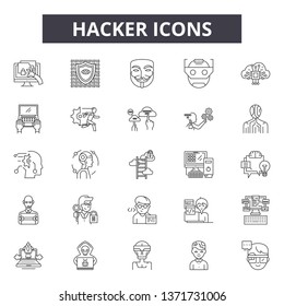 Hacker line icons, signs set, vector. Hacker outline concept, illustration: computer,hacker,criminal,crime,internet,web,spy,data