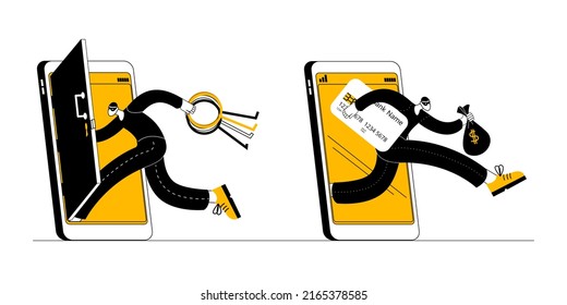 A hacker with lockpicks enters a hacked mobile phone. A hacker takes out credit card details from a smartphone.