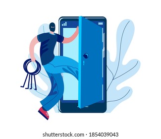 A hacker with lockpicks in his hands enters a hacked mobile phone. Vector illustration on the topic of cybercrime and cybersecurity.