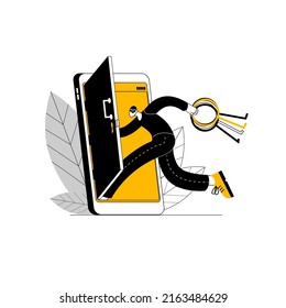 A hacker with lockpicks in his hands enters a hacked mobile phone. Vector illustration on the topic of cybercrime and cybersecurity.