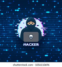 Hacker logo template. Symbol of digital thief with laptop. Hacker icon. Vector illustration with binary code background.