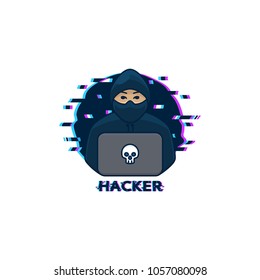 Hacker logo template. Symbol of digital thief with laptop. Hacker icon isolated on white background. Vector illustration.