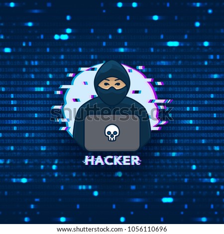 Hacker logo template. Symbol of digital thief with laptop. Hacker icon. Vector illustration with binary code background.