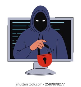 Hacker looking out from computer screen and holding broken lock vector isolated. Personal data in danger. Digital crime. Concept of data protection and safety. Cybercriminal in hood.