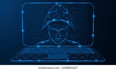 A hacker looking out of a laptop screen. Polygonal design of interconnected lines and dots. Blue background.