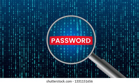 Hacker magnifier with an access code on the background of a stream of binary numbers. modern computer illustration. security concept in cyber space. vector