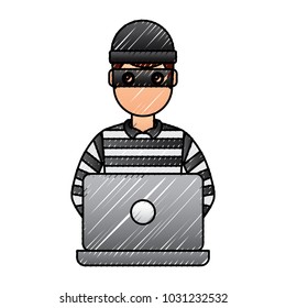 hacker male character working in laptop