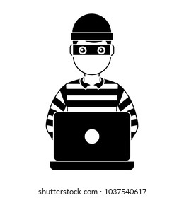 hacker male character working in laptop vector illustration  black and white graphic  