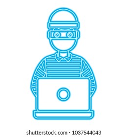 hacker male character working in laptop vector illustration blue neon line image