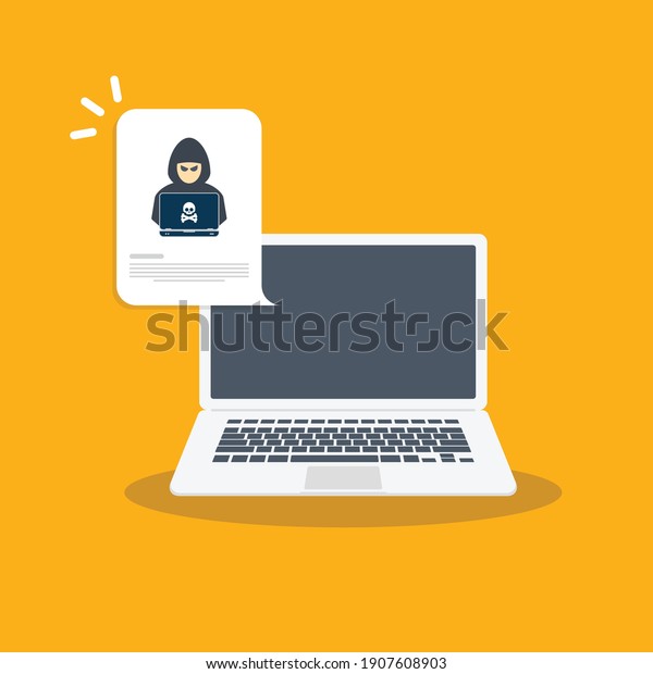 Hacker, malware notification on laptop.\
Laptop computer with hacker alert, spam data on laptop fraud error\
message, scam, virus. Flat vector\
illustration.