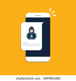 Hacker, Malware Notification On Mobile Phone. Smartphone With Hacker Alert, Spam Data On Cellphone Fraud Error Message, Scam, Virus. Flat Vector Illustration.