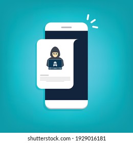 Hacker, Malware Notification On Mobile Phone. Smartphone With Hacker Alert, Spam Data On Cellphone Fraud Error Message, Scam, Virus. Flat Vector Illustration.