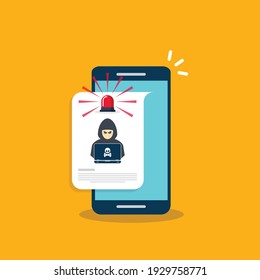 Hacker, Malware Notification On Mobile Phone. Smartphone With Hacker Alert, Spam Data On Cellphone Fraud Error Message, Scam, Virus. Flat Vector Illustration.