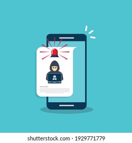 Hacker, Malware Notification On Mobile Phone. Smartphone With Hacker Alert, Spam Data On Cellphone Fraud Error Message, Scam, Virus. Flat Vector Illustration.