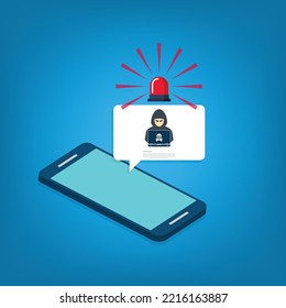 Hacker, Malware Notification On Mobile Phone. Smartphone With Hacker Alert, Spam Data On Cellphone Fraud Error Message, Scam, Virus.