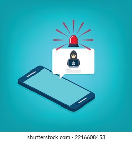 Hacker, Malware Notification On Mobile Phone. Smartphone With Hacker Alert, Spam Data On Cellphone Fraud Error Message, Scam, Virus.