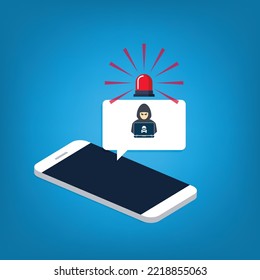 Hacker, Malware Notification On Mobile Phone. Smartphone With Hacker Alert, Spam Data On Cellphone Fraud Error Message, Scam, Virus.