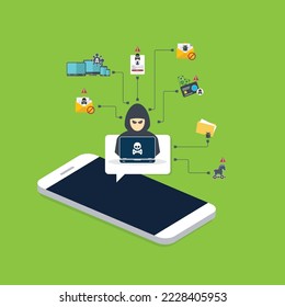 Hacker, malware notification on mobile phone. Smartphone with hacker alert, spam data on cellphone fraud error message, scam, virus.	