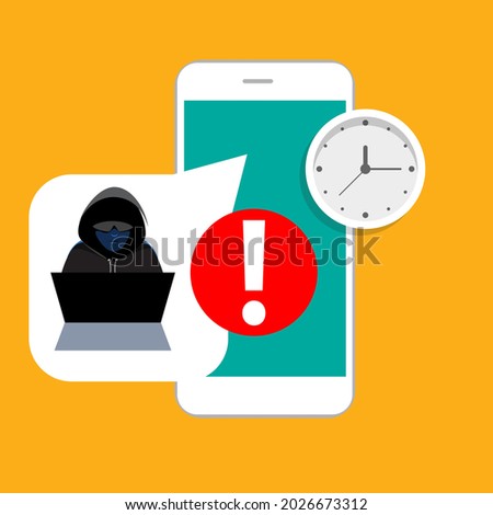 Hacker, malware notification on mobile phone. Smartphone with hacker alert, spam data on cellphone fraud error message, scam, virus. Flat vector illustration.
