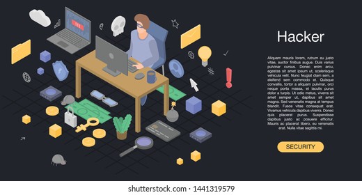 Hacker man concept background. Isometric illustration of hacker man vector concept background for web design