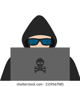 Hacker. A man in a hoodie with a hood and glasses looks at the computer monitor. Vector illustration.
