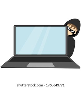 Hacker. A man in a hoodie with a hood and mask looks behind computer monitor. Vector illustration.