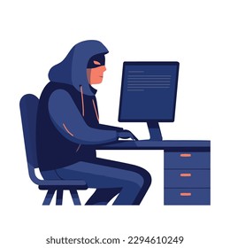 hacker man sitting at desk typing on computer icon isolated
