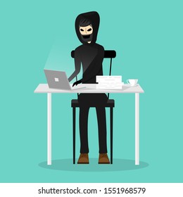 The hacker man sitting at table and using laptop with robbery database isolated on background. Vector illustration in cartoon character flat style. 