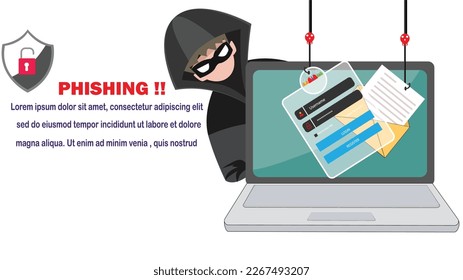 hacker man use note book computer stealing confidential data, personal information,Ransomware, malware, virus, extortion,data,lock.Vector concept Computer security and technology.